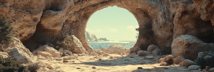 A Scenic View Through a Natural Stone Archway Leading to a Serene Coastal Landscape with Gentle Waves and Rocky Shores on a Sunny Day