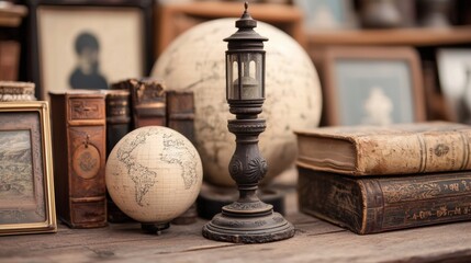 Vintage still life with antique books, globes, and a lantern on a wooden table. Concept of history, travel, and exploration.