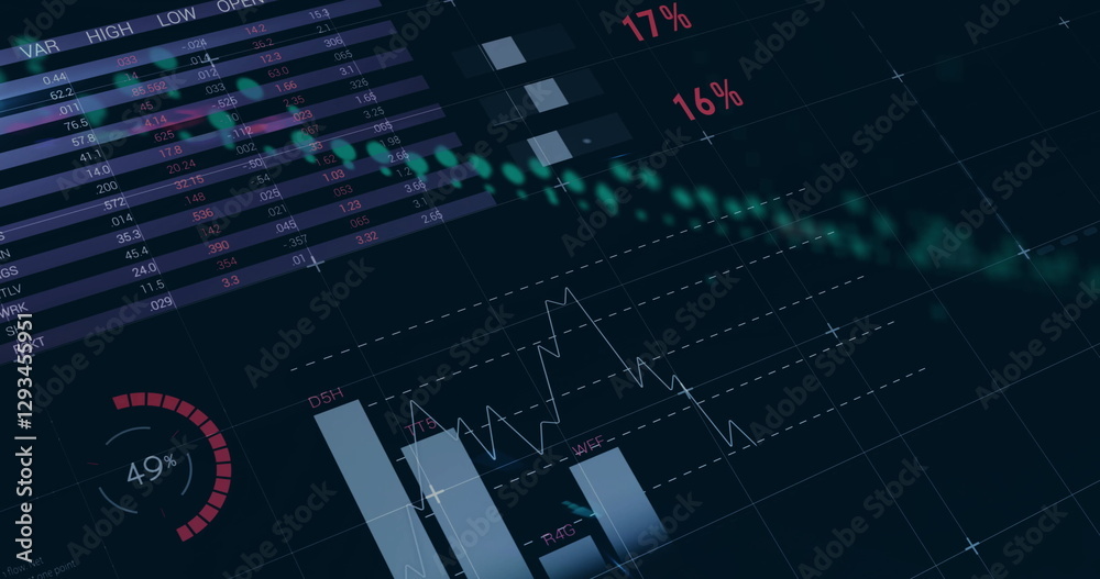Poster image of data processing and diagrams over world map on black background