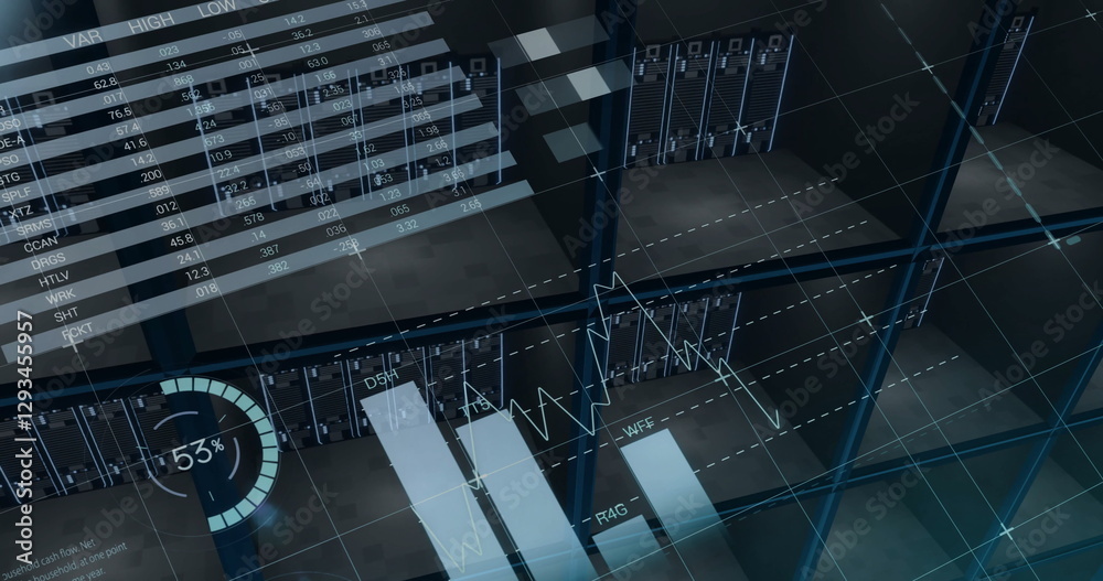 Poster image of data processing and diagrams over world map and server room