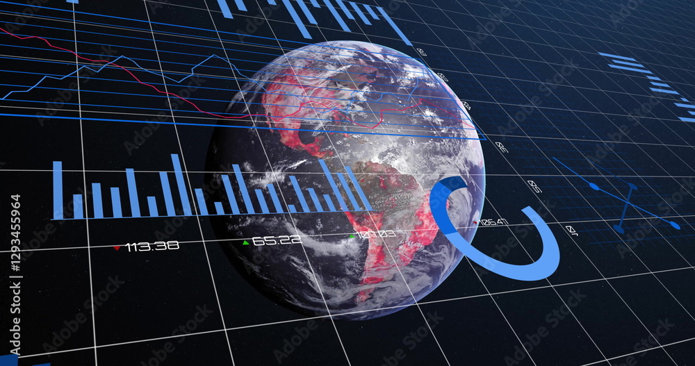 Poster image of statistics and digital data processing over globe