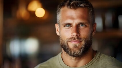A smiling man with a beard and short hair, wearing a green shirt, appears in a warm, softly lit indoor setting. Concept Warm Indoor Lighting, Smiling Portrait, Bearded Man, Casual Outfit