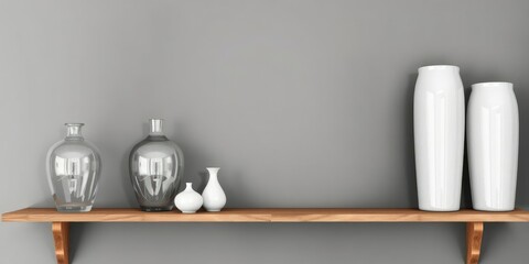 Wooden shelf with mercury glass vases and decorative items, decoration, eclectic mix, layered look
