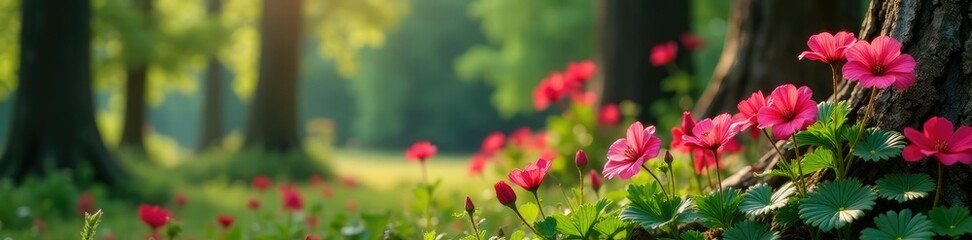 Fototapeta premium Geranium flowers against a backdrop of tree bark, tree trunks, nature landscapes