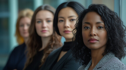 Obraz premium Close-up portrait of women from different ethnicities standing side by side in an office setting, looking at the camera with determination and confidence. 
