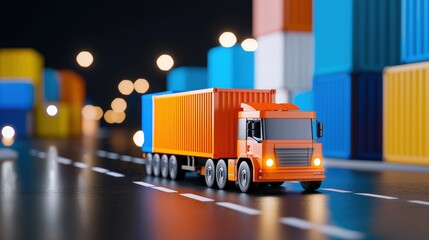 A miniature orange truck transports colorful containers on a road, illuminated by soft lights, creating a vibrant, playful scene.cargo management warehouse scheduling