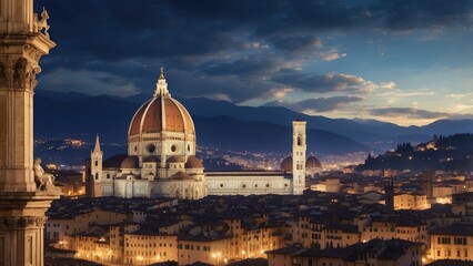 Fototapeta premium 1. Nighttime View from a Wooden Terrace Overlooking Illuminated Florence, Italy
