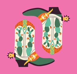 Cowboy boots on pink background. Quirky card in western stile. Hand drawn vector illustration for banner, print, t shirt.