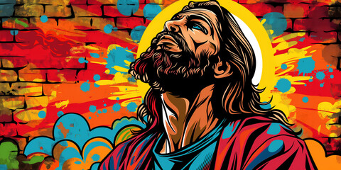 colorful artistic portrait of jesus with graffiti background, urban religious art concept