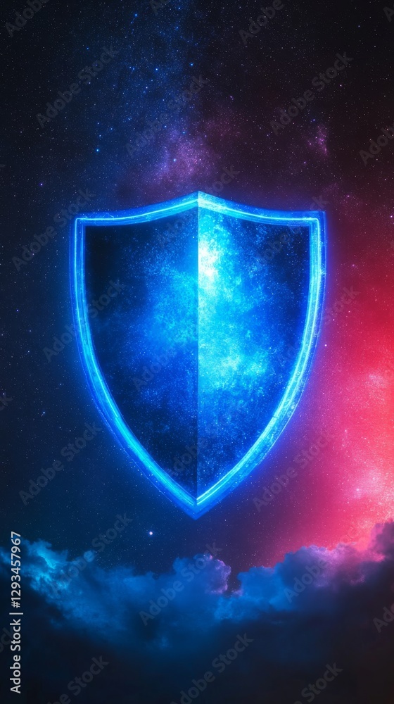 Aufkleber Glowing blue shield against a cosmic background with starry night and nebula hues. Cybersecurity and protection concept