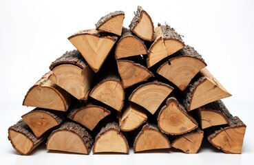 Pile of firewood logs stacked on white background. Timber woodpiles for fireplace, stove. Natural wooden fuel texture with tree bark. Sustainable eco material for winter heating.
