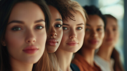 Obraz premium Close-up portrait of women from different ethnicities standing side by side in an office setting, looking at the camera with determination and confidence. 