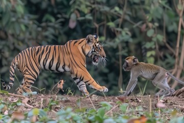 A tiger and a monkey interact in a dense forest, showcasing the dynamic between predator and prey in their natural habitat.