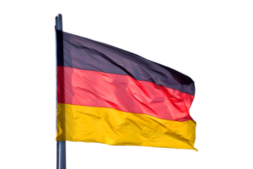Photo of a German flag on a pole waving in the wind isolated on transparent or white background, png