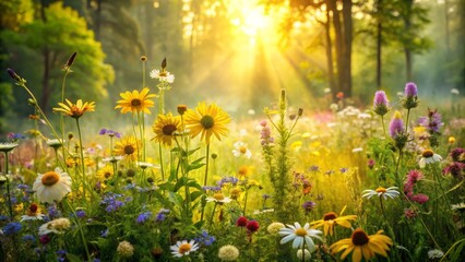 Vibrant Wildflower Meadow at Sunrise with Rays of Golden Light