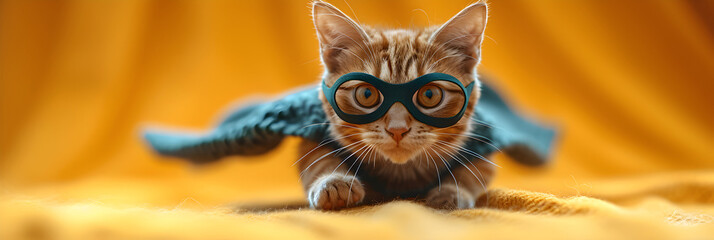 Fototapeta premium Funny superhero cat wearing mask and cape lying on yellow background, creative pet portrait