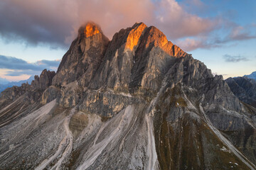 Landscape of italian dolomites, Sass de Putia at sunset in Bolzano province, trentino Alto Adige, Italy, Europe.