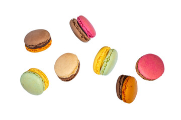 Flying colorful macarons isolated on transparent or white background, png