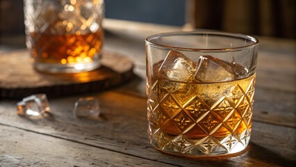 A crystal glass filled with Irish whiskey and ice, placed on a rustic wooden table. A symbol of luxury, tradition, and classic spirits.