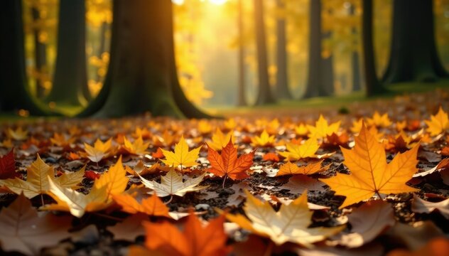 Golden maple leaves scattered on a forest floor, forest, woods