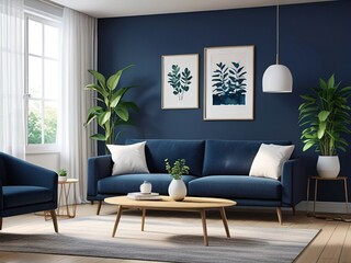 "Modern Living Room Interior – Elegant Blue Sofa & Stylish Home Decor Design"