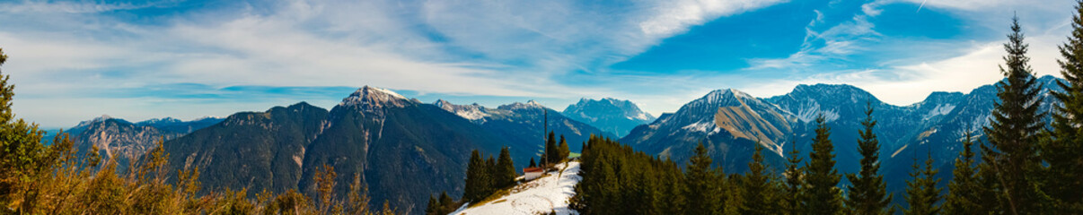 High resolution stitched alpine summer panorama at Mount Almkopf, Bichlbach, Reutte, Tyrol, Austria