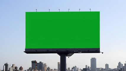 Green billboard in urban setting, showcasing blank advertising space against city skyline backdrop