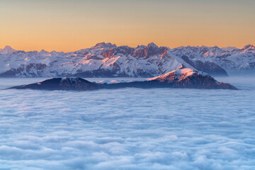 Landscape of italian alps in winter sunset, Orobie alps in Bergamo province in Lombardy district, Italy, Europe.