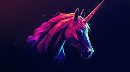 Sleek minimalist unicorn with a neon glowing horn, set against a dark background with geometric shapes and subtle gradients, blending modern trends with a futuristic vibe, perfect for branding
