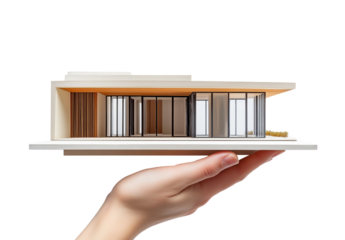 A hand holding a model of a modern house, set against a white background