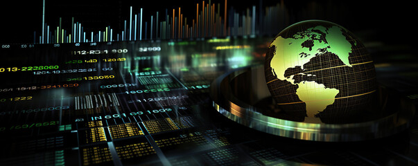 Digital representation of the globe surrounded by financial data and trends in a futuristic setting