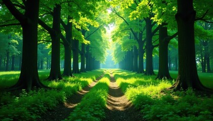 Fototapeta premium lush forest landscape with green foliage and black tree trunks, shadows, trees, forest floor