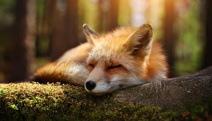 Fototapeta premium Cute Fluffy Fox Napping Peacefully Amidst Forests Lush Greenery and Dappled Sunlight, Portraying Serene Tranquility in the Enchanted Wilderness