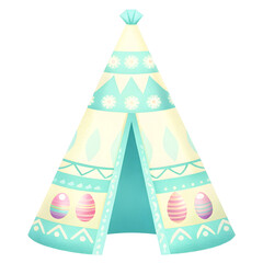 Boho Easter clipart Colorful tent with decorative patterns and Easter egg designs, set against a black background.
