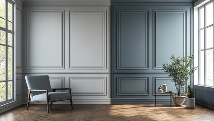 Fototapeta premium Dual-colored walls in a classic modern setting with panel details.