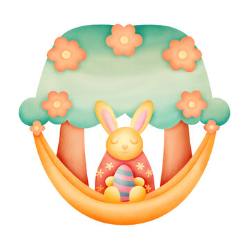 recommend clip art: Boho Easter clipart A cute bunny relaxing in a hammock under a colorful tree with flowers.