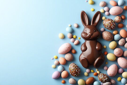 Easter chocolate bunny, eggs, pastel background