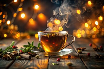 Fototapeta premium Warm Cozy Night: Steaming Cup of Herbal Infusion Tea