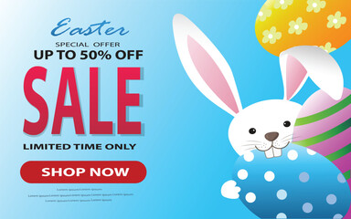 Easter Sale Illustration with eggs and Typography Element on blue Background. Vector Holiday Design Template for Coupon, Banner, Voucher or Promotional Poster. holiday event