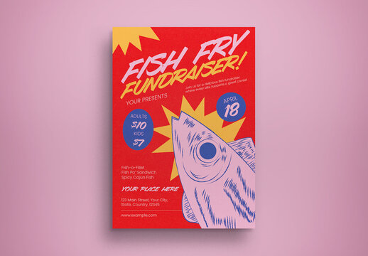 Red and Pink Quirky Illustration Fish Fry Fundraiser Flyer Layout