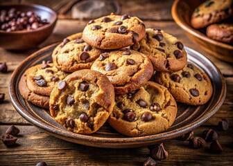 Naklejka premium Warm, Gooey Chocolate Chip Cookies on Rustic Plate - Stock Photo