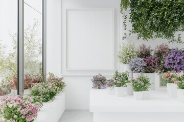 Florist shop with modern white decor, frames for plant care instructions.