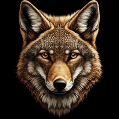 Fototapeta premium Realistic Intense Gaze of a Detailed Coyote Face Wildlife Portrait on a Black Background
