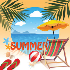 Vector illustration flat style summer background of sea shore. Good sunny day. Deck chair and beach umbrella on the sand coast. holiday concept