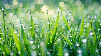 Fototapeta premium Dewdrops on Fresh Green Grass with Soft Bokeh Background