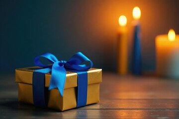 Simple table with gold and blue wrapped gift, candles on the side, blue, menorah, gift