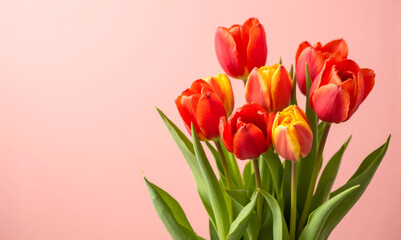 Fototapeta premium Bright red and yellow tulips with green leaves on soft pink background. Spring flowers bouquet for greeting card, Mother's Day, Women's Day, memory and celebration