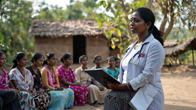 Healthcare Worker Educating Mothers on Child Nutrition in Rural Village