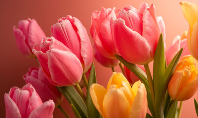 Obraz premium Pink and yellow tulips with green leaves on soft warm background. Fresh spring flowers for greeting card, Mother's Day, Women's Day, memory, celebration, floral decoration, romantic mood