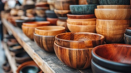 Fototapeta premium Beautifully crafted wooden bowls showcase craftsmanship, inviting exploration at a vibrant market